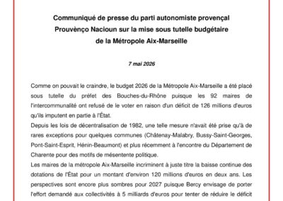 Communiqué de presse de Prouvènço Nacioun sur la mise sous tutelle budgétaire de la Métropole Aix-Marseille